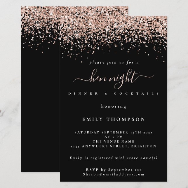 Budget Rose Gold Glitzer Black Hen Night Einladung (Vorne/Hinten)
