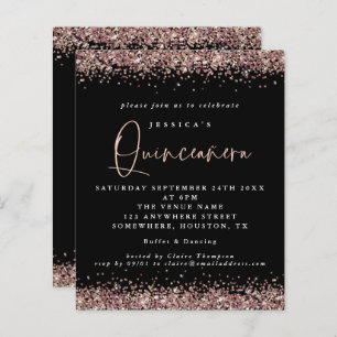 Budget Rose Gold Glitzer Black Quinceanera Einladu
