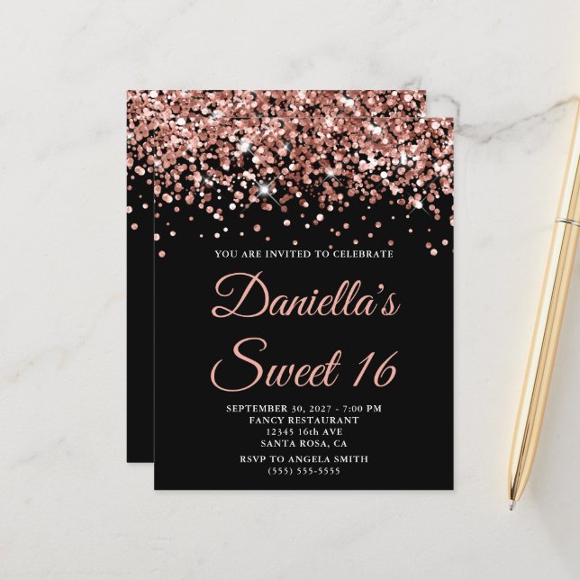 Budget Rose Gold Glitzer Black Sweet 16 Einladung (Vorderseite/Rückseite Beispiel)