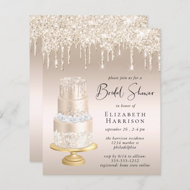 Budget Rose Gold Glitzer Bridal Dusche Einladung (Vorne/Hinten)