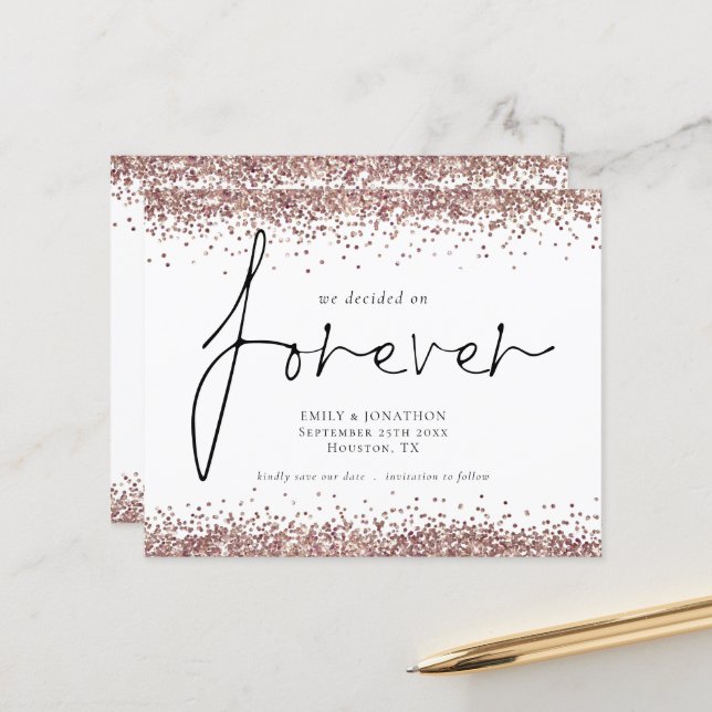 Budget Rose Gold Glitzer Forever QR Save the Date (Vorderseite/Rückseite Beispiel)