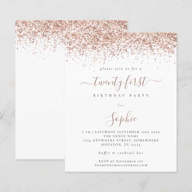 Budget Rose Gold Glitzer Girly 21. Party Einladung (Vorne/Hinten)