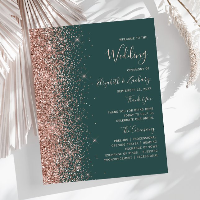 Budget Rose Gold Glitzer Green Wedding Programm (Von Creator hochgeladen)