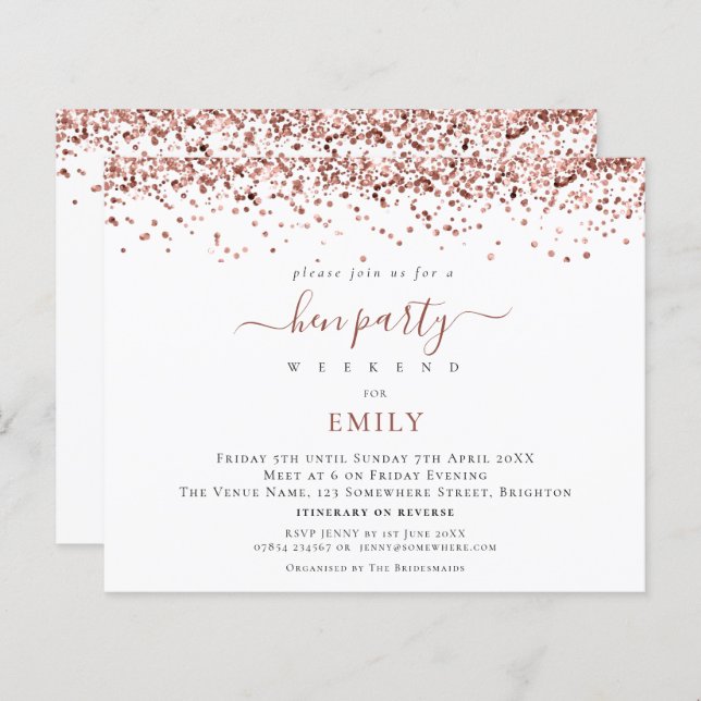 Budget Rose Gold Glitzer Hen Tours Einladung (Vorne/Hinten)