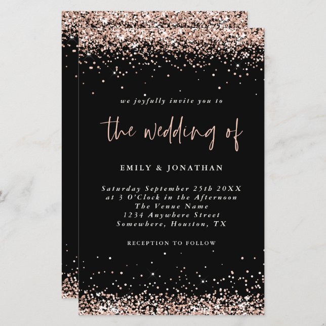Budget Rose Gold Glitzer Hochzeit Black Einladung (Vorne/Hinten)