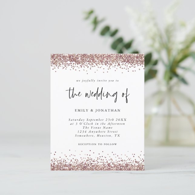 Budget Rose Gold Glitzer Hochzeitsweiße Einladung (Stehend Vorderseite)