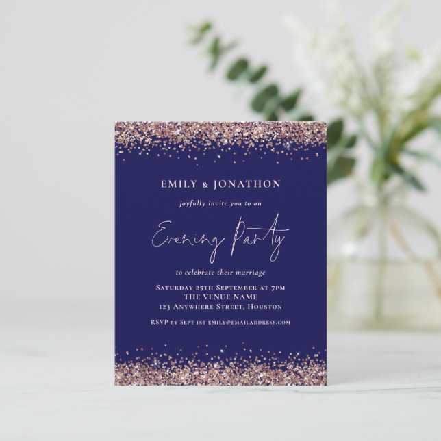 BUDGET Rose Gold Glitzer Navy Abend Party Einladun (Stehend Vorderseite)
