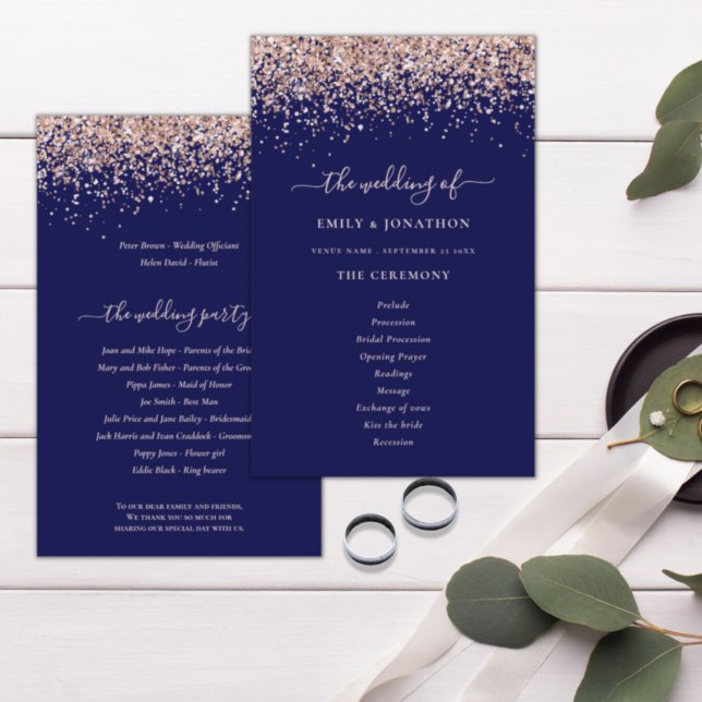 Budget Rose Gold Glitzer Navy Blue Wedding Program (Von Creator hochgeladen)