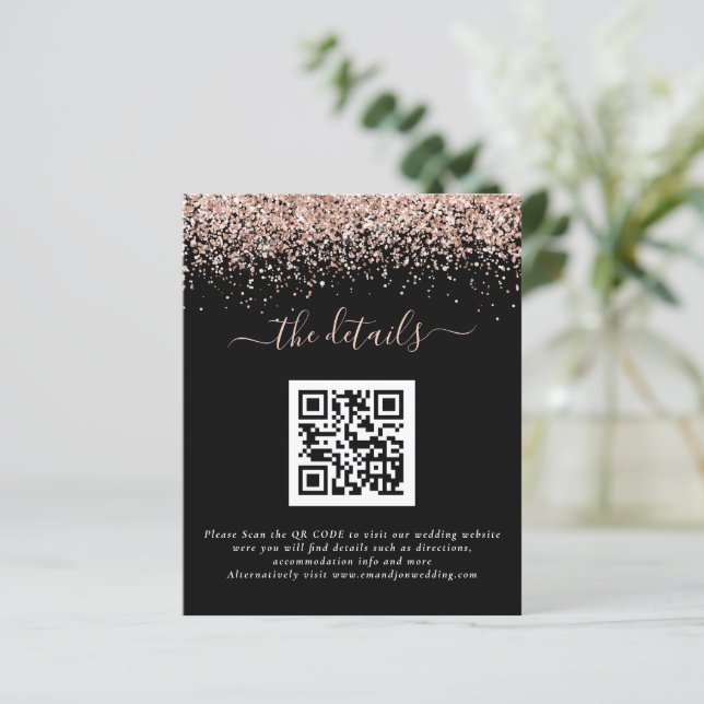Budget Rose Gold Glitzer QR Black Wedding Details (Stehend Vorderseite)