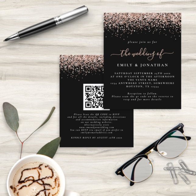 Budget Rose Gold Glitzer QR Black Wedite Einladung (Von Creator hochgeladen)