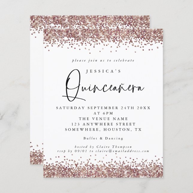 Budget Rose Gold Glitzer Quinceanera Einladung (Vorne/Hinten)