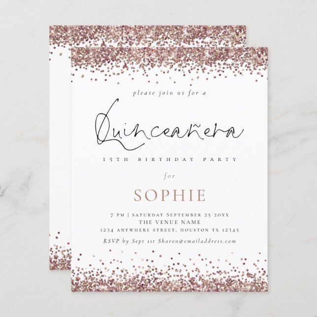 Budget Rose Gold Glitzer Quinceanera Party Einladu (Vorne/Hinten)