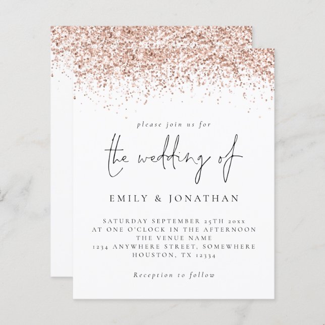 Budget Rose Gold Glitzer Script Einladung (Vorne/Hinten)