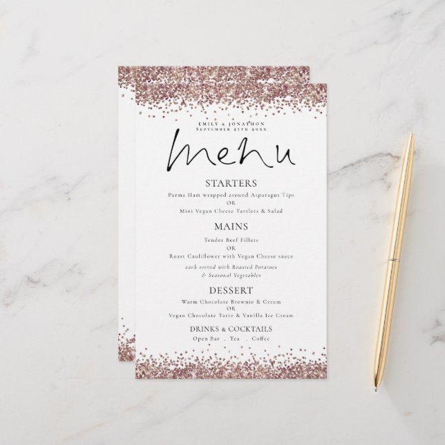 Budget Rose Gold Glitzer Skript Hochzeitmenü (Vorderseite/Rückseite Beispiel)