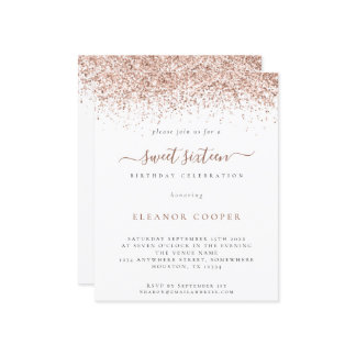 Budget Rose Gold Glitzer Sweet 16 Glam Einladung