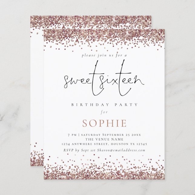 Budget Rose Gold Glitzer Sweet 16 Party Einladung (Vorne/Hinten)