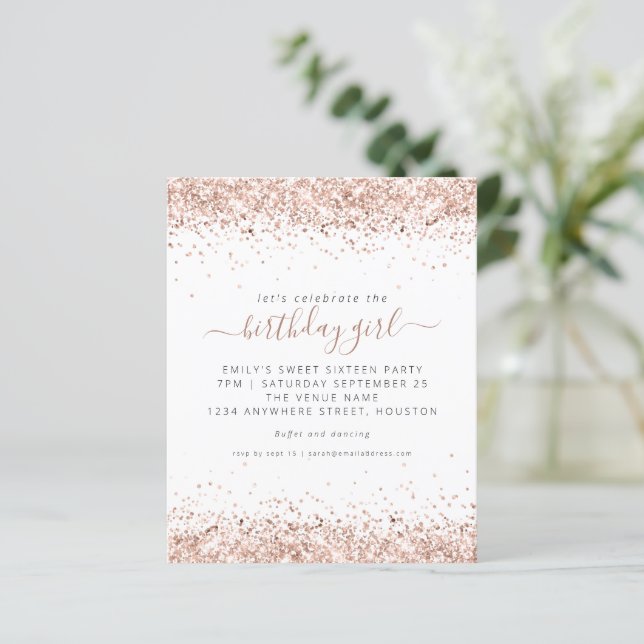Budget Rose Gold Glitzer Sweet 16 Party Einladunge (Stehend Vorderseite)