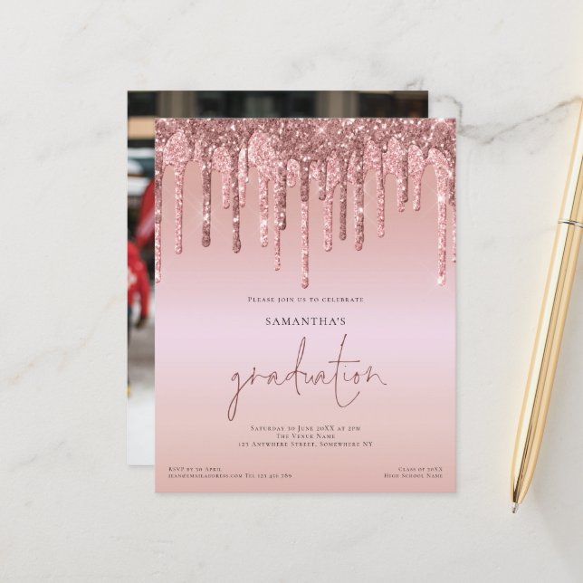 Budget Rose Gold Glitzer Tropfen Foto Grad Einladu (Vorderseite/Rückseite Beispiel)