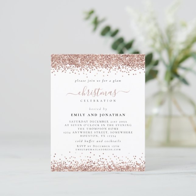 Budget Rose Gold Glitzer Weihnachts-Party Einladun (Stehend Vorderseite)