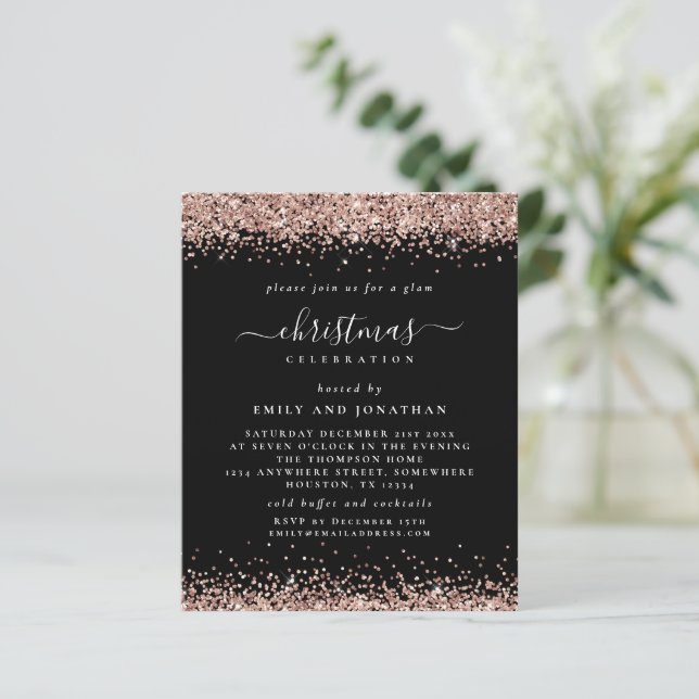 Budget Rose Gold Glitzer Weihnachtsschwarz Einladu (Stehend Vorderseite)