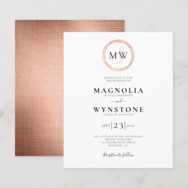 Budget Rose Gold Monogram Hochzeitseinladung (Vorne/Hinten)