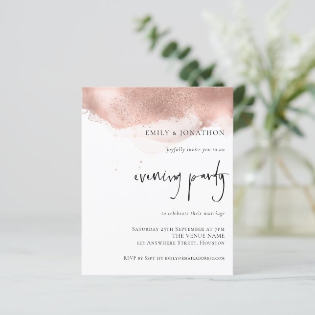 Budget Rose Gold Wedding Abend Party Einladung (Stehend Vorderseite)