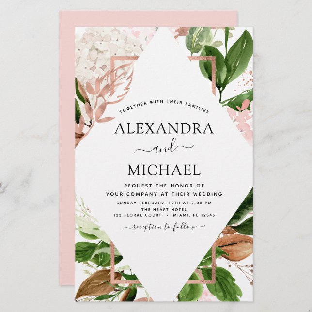 Budget Rose Goldene Grüne Hochzeitseinladungen (Vorne/Hinten)