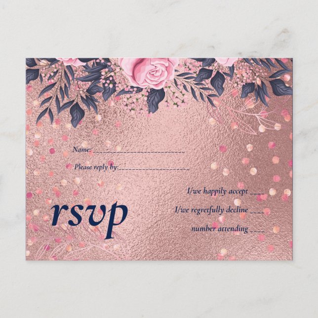 BUDGET Rosegold Blue Pink WEDDING Girly Glam Einladungspostkarte (Vorderseite)
