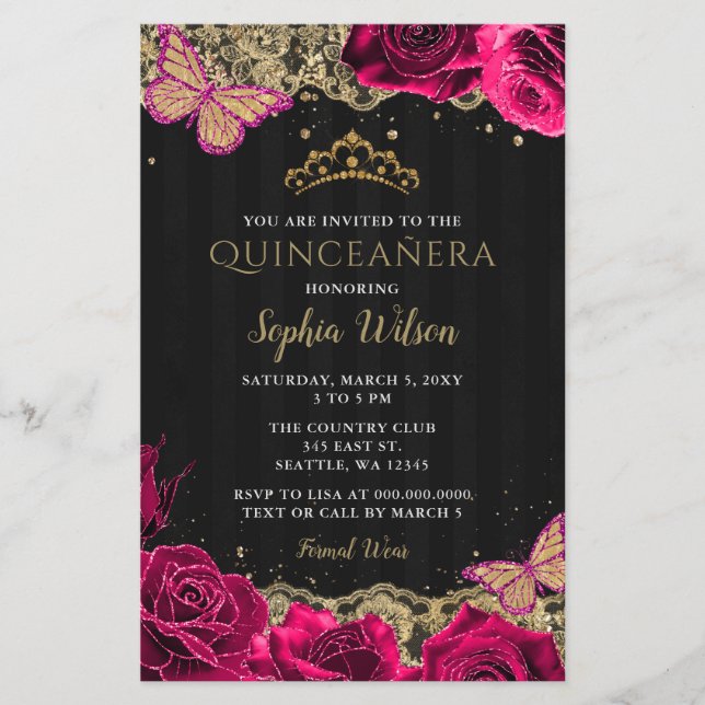 Budget Roses Black Quinceañera Einladung (Vorderseite)