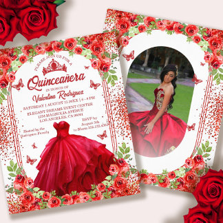 Budget Rote Floral Quinceanera Einladung Flyer