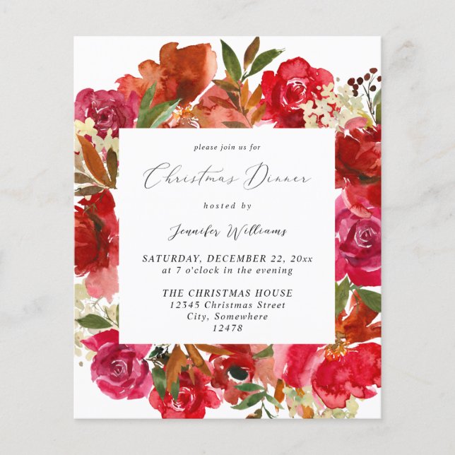 Budget Rote Rose & White Floral Weihnachten Abende Flyer (Vorne)