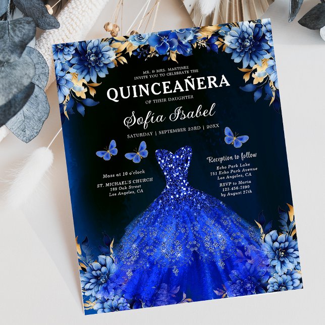 Budget Royal Blue Bilingual Spanish Quinceanera Flyer (Von Creator hochgeladen)