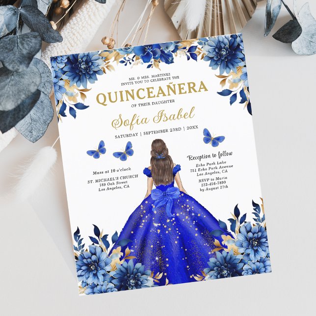 Budget Royal Blue Bilingual Spanish Quinceanera Flyer (Von Creator hochgeladen)