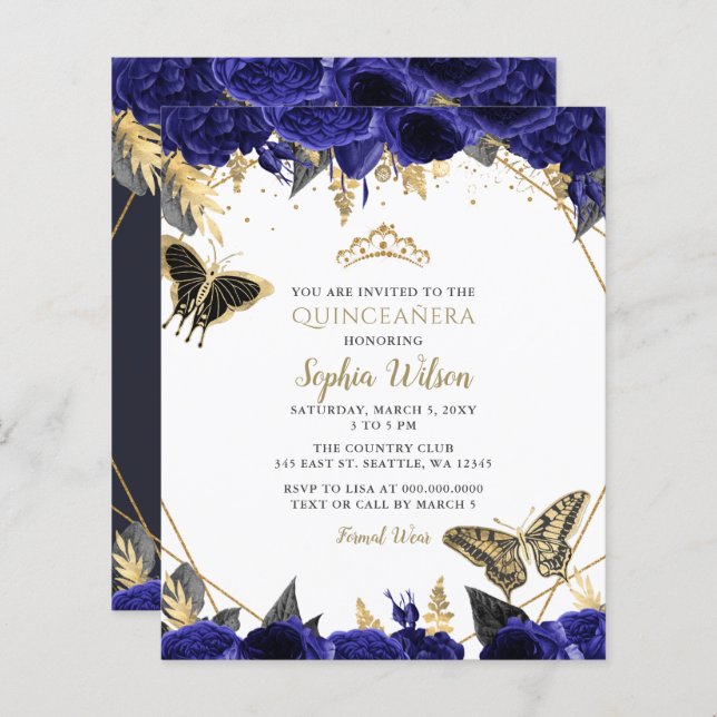 Budget Royal Blue Butterfly Quinceañera Einladung (Vorne/Hinten)