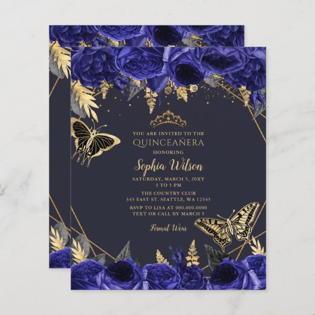 Budget Royal Blue Butterfly Quinceañera Einladung (Vorne/Hinten)