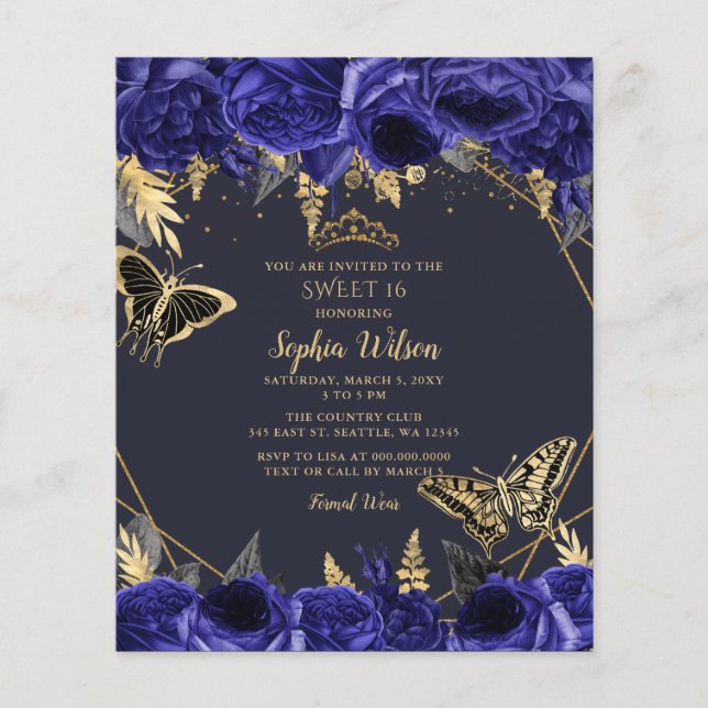 Budget Royal Blue Butterfly Sweet 16 Einladung (Vorderseite)