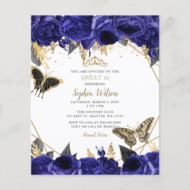 Budget Royal Blue Butterfly Sweet 16 Einladung (Vorderseite)