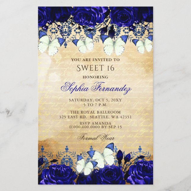 Budget Royal Blue Butterfly Sweet 16 Einladung (Vorderseite)