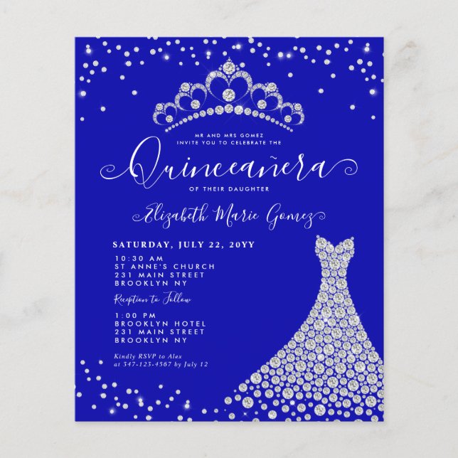 Budget Royal Blue Diamond Sparkle Glam Quinceanera (Vorderseite)