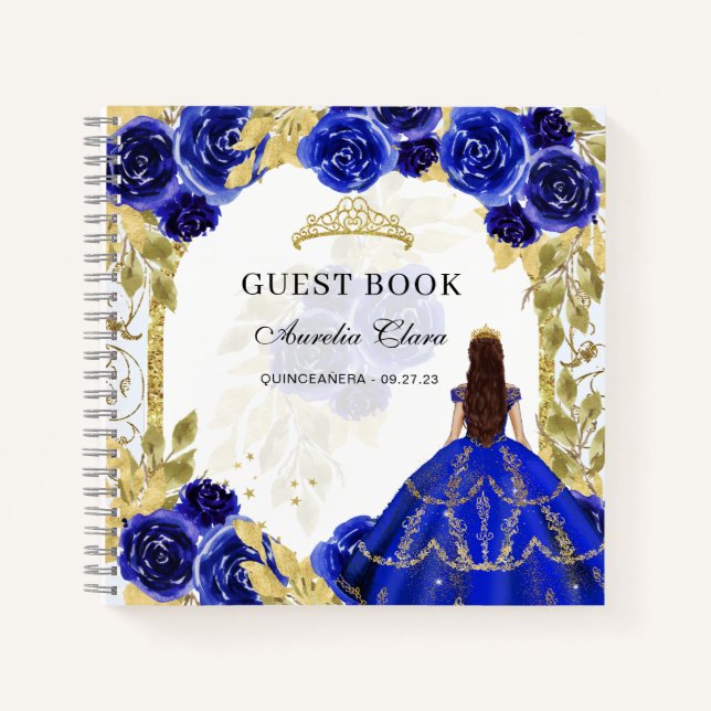 Budget Royal Blue Floral Quinceñera Gästebuch Notizbuch (Vorderseite)
