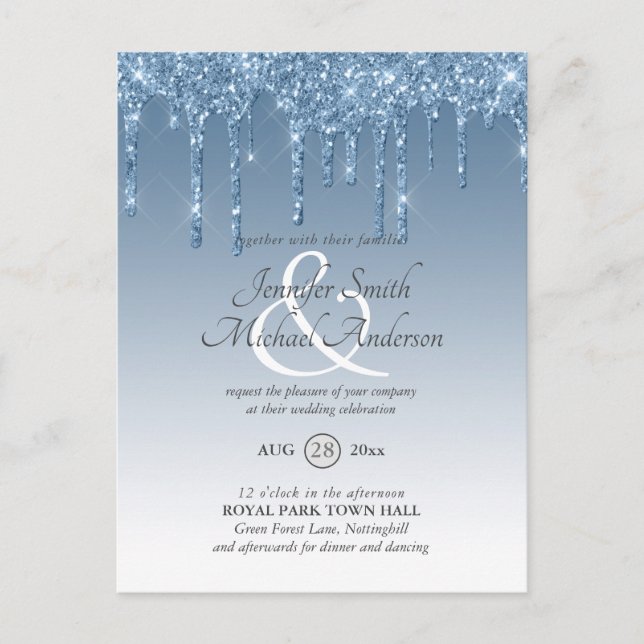 Budget Royal Blue Glitzer Dripping WEDING INVITE Postkarte (Vorderseite)