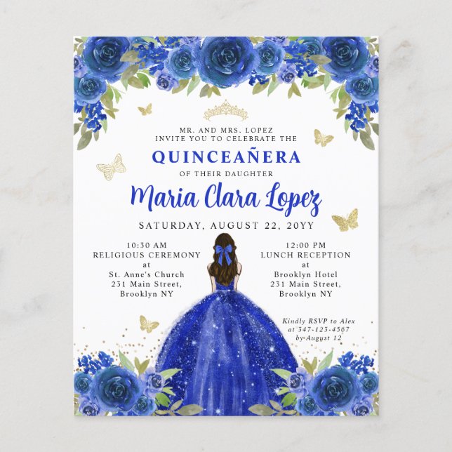 Budget Royal Blue Gold Floral Princess Quinceanera (Vorderseite)
