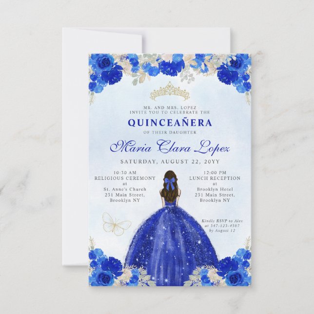 Budget Royal Blue Gold Floral Princess Quinceañera Mitteilungskarte (Vorderseite)