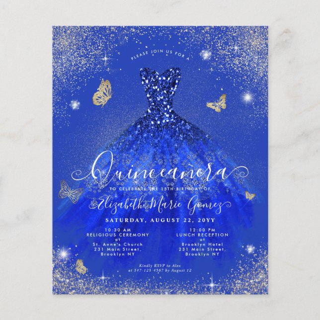 Budget Royal Blue Gold Gown Quinceanera Einladung (Vorderseite)
