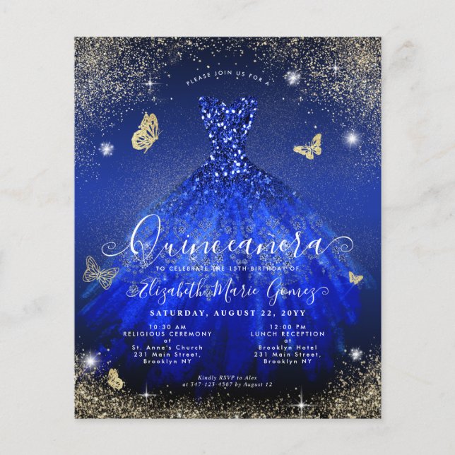 Budget Royal Blue Gold Gown Quinceanera Einladung (Vorderseite)