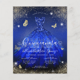 Budget Royal Blue Gold Gown Quinceanera Einladung