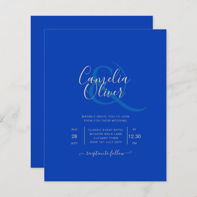 Budget Royal Blue Monochrome Wedding INVITE (Vorne/Hinten)