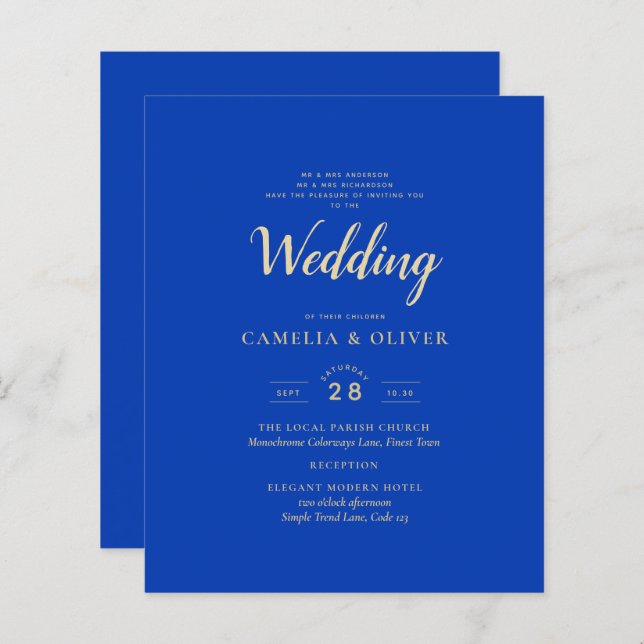 Budget Royal Blue Monochrome Wedding INVITE (Vorne/Hinten)