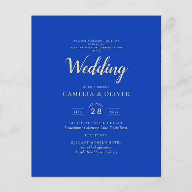 Budget Royal Blue Monochrome Wedding INVITE Flyer (Vorne)