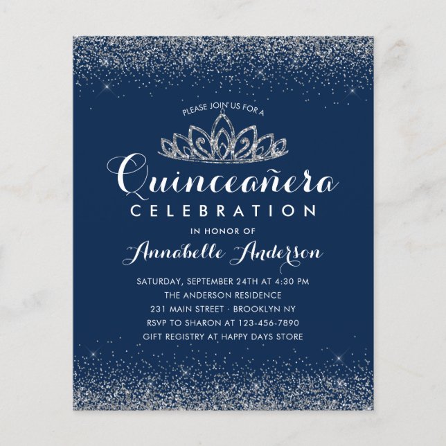 Budget Royal Blue Quinceañera Silver Tiara Einladu (Vorderseite)